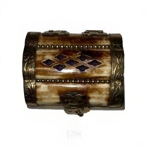 Vintage Sudha Bone Trinket Box Brass Hinged Treasure Chest India Lined 4"W 2"T